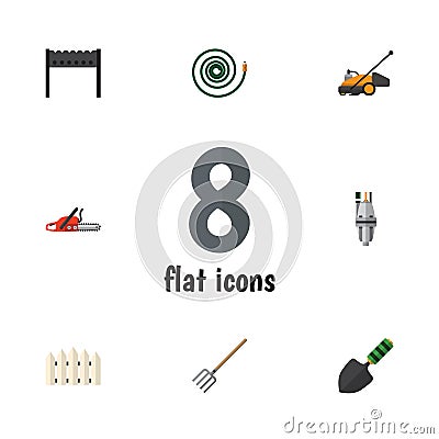 Flat Icon Dacha Set Of Barbecue, Hay Fork, Hosepipe And Other Vector Objects. Also Includes Wooden, Hose, Fork Elements. Vector Illustration