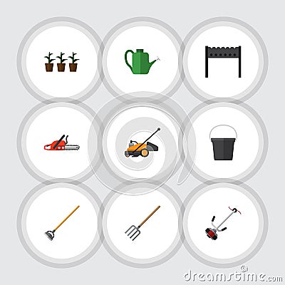 Flat Icon Dacha Set Of Flowerpot, Barbecue, Hay Fork And Other Vector Objects. Also Includes Mower, Bucket, Container Vector Illustration
