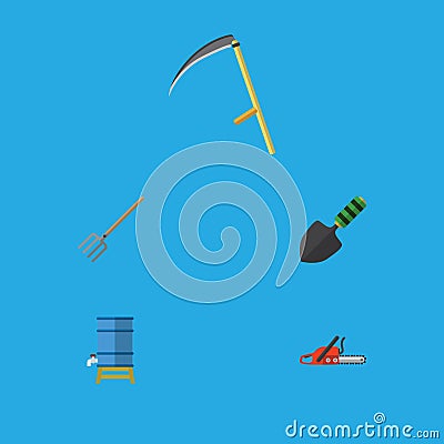 Flat Icon Dacha Set Of Hacksaw, Hay Fork, Trowel And Other Vector Objects. Also Includes Spatula, Shovel, Scythe Vector Illustration