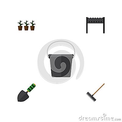 Flat Icon Dacha Set Of Harrow, Trowel, Flowerpot And Other Vector Objects. Also Includes Trowel, Bbq, Shovel Elements. Vector Illustration