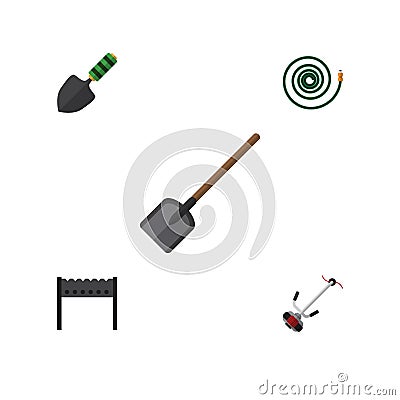 Flat Icon Dacha Set Of Hosepipe, Grass-Cutter, Shovel And Other Vector Objects. Also Includes Spade, Mower, Shovel Vector Illustration