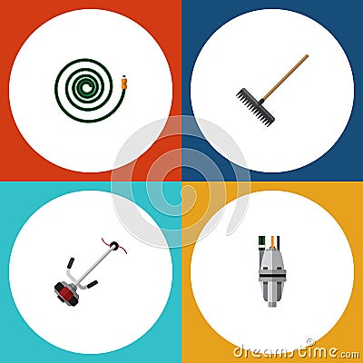 Flat Icon Dacha Set Of Hosepipe, Pump, Grass-Cutter And Other Vector Objects. Also Includes Mower, Pump, Hosepipe Vector Illustration