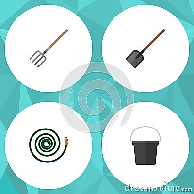 Flat Icon Dacha Set Of Hosepipe, Shovel, Hay Fork And Other Vector Objects. Also Includes Hose, Bucket, Spade Elements. Vector Illustration