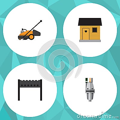 Flat Icon Dacha Set Of Pump, Lawn Mower, Stabling And Other Vector Objects. Also Includes Bbq, Barbecue, Tool Elements. Vector Illustration