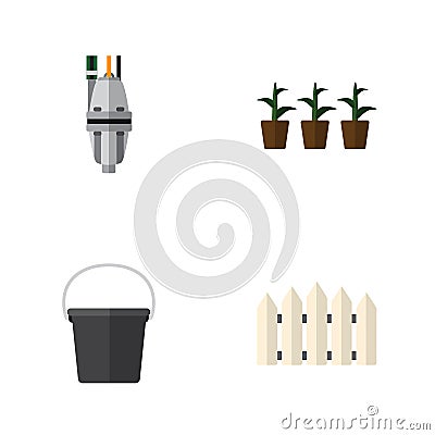 Flat Icon Dacha Set Of Pump, Wooden Barrier, Flowerpot And Other Vector Objects. Also Includes Tool, Container Vector Illustration