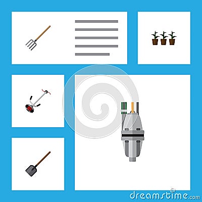 Flat Icon Dacha Set Of Shovel, Pump, Grass-Cutter And Other Vector Objects. Also Includes Spade, Lawn, Fork Elements. Vector Illustration