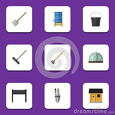 Flat Icon Dacha Set Of Tool, Stabling, Harrow And Other Vector Objects. Also Includes Barn, Bbq, Bucket Elements. Vector Illustration