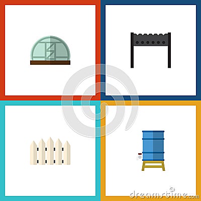 Flat Icon Dacha Set Of Wooden Barrier, Container, Barbecue And Other Vector Objects. Also Includes Tank, Container Vector Illustration