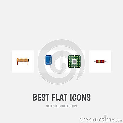 Flat Icon Device Set Of Bobbin, Transistor, Resistance And Other Vector Objects. Also Includes Processor, Central, Coil Vector Illustration
