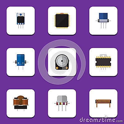 Flat Icon Device Set Of Cpu, Resist, Bobbin And Other Vector Objects. Also Includes Resistance, Fiildistor, Resistor Vector Illustration