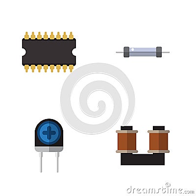 Flat Icon Device Set Of Resistor, Coil Copper, Microprocessor And Other Vector Objects. Also Includes Transistor, Copper Vector Illustration