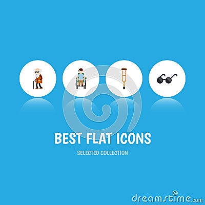 Flat Icon Disabled Set Of Disabled Person, Spectacles, Stand Vector Objects. Also Includes Handicapped, Crutch, Ancestor Vector Illustration