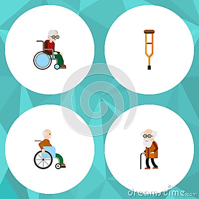 Flat Icon Disabled Set Of Handicapped Man, Ancestor, Stand Vector Objects. Also Includes Stick, Disabled, Old Elements. Vector Illustration
