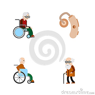 Flat Icon Disabled Set Of Wheelchair, Audiology, Handicapped Man Vector Objects. Also Includes Aid, Man, Old Elements. Vector Illustration