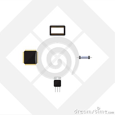 Flat Icon Electronics Set Of Receiver, Resistor, Mainframe And Other Vector Objects. Also Includes Processor, Set Vector Illustration