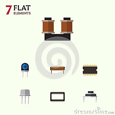 Flat Icon Electronics Set Of Resist, Transducer, Bobbin And Other Vector Objects. Also Includes Resist, Spool, Bobbin Vector Illustration