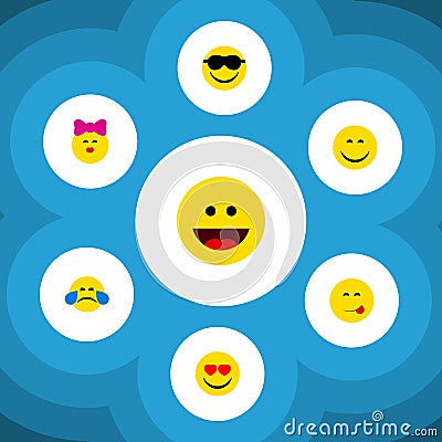 Flat Icon Emoji Set Of Delicious Food, Smile, Caress And Other Vector Objects. Also Includes Delicious, Grin, Food Vector Illustration