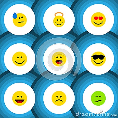 Flat Icon Emoji Set Of Frown, Happy, Love And Other Vector Objects. Also Includes Eyes, Wonder, Sad Elements. Vector Illustration