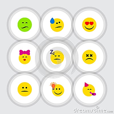 Flat Icon Emoji Set Of Love, Asleep, Tears And Other Vector Objects. Also Includes Displeased, Smile, Heart Elements. Vector Illustration