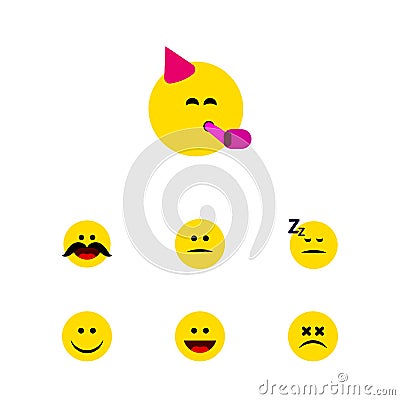 Flat Icon Emoji Set Of Party Time Emoticon, Asleep, Laugh And Other Vector Objects. Also Includes Joy, Laugh, Displeased Vector Illustration