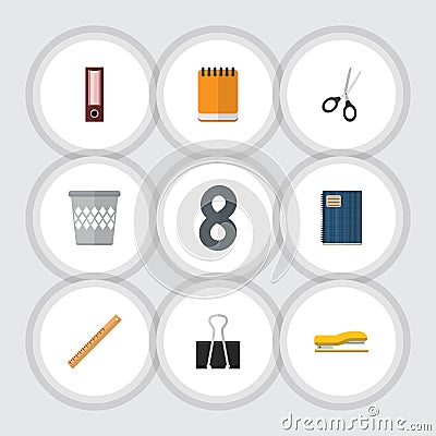 Flat Icon Equipment Set Of Copybook, Dossier, Clippers And Other Vector Objects. Also Includes Straightedge, Notepad Vector Illustration