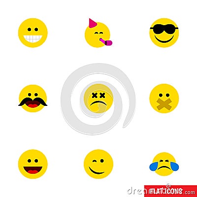 Flat Icon Expression Set Of Laugh, Hush, Winking And Other Vector Objects. Also Includes Whiskers, Hush, Sad Elements. Vector Illustration