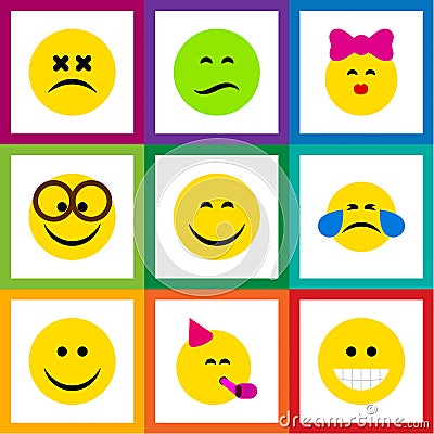 Flat Icon Face Set Of Caress, Frown, Party Time Emoticon And Other Vector Objects. Also Includes Joy, Tears, Eyeglasses Vector Illustration