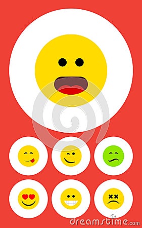 Flat Icon Face Set Of Grin, Winking, Delicious Food And Other Vector Objects. Also Includes Heart, Emoji, Dizzy Elements Vector Illustration