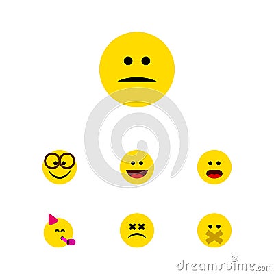 Flat Icon Face Set Of Party Time Emoticon, Displeased, Hush And Other Vector Objects. Also Includes Pleasant, Smile Vector Illustration