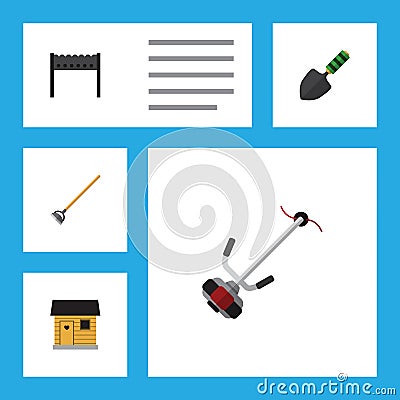 Flat Icon Farm Set Of Grass-Cutter, Stabling, Barbecue And Other Vector Objects. Also Includes Spatula, Brazier Vector Illustration