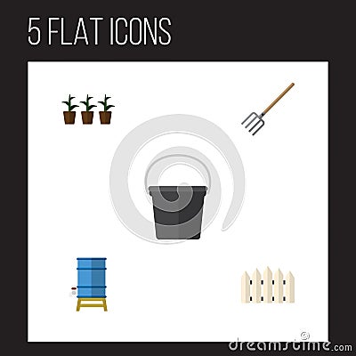 Flat Icon Farm Set Of Hay Fork, Flowerpot, Wooden Barrier And Other Vector Objects. Also Includes Container, Wooden Vector Illustration
