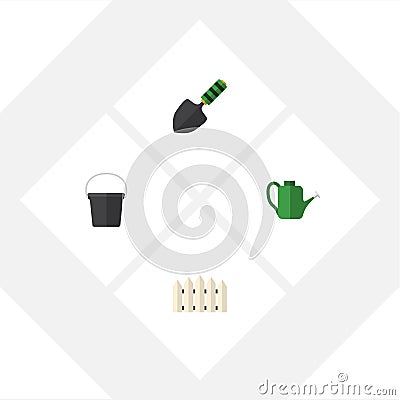 Flat Icon Farm Set Of Pail, Trowel, Wooden Barrier And Other Vector Objects. Also Includes Pail, Container, Fence Vector Illustration