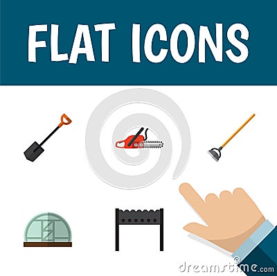 Flat Icon Farm Set Of Tool, Barbecue, Hothouse And Other Vector Objects. Also Includes Bbq, Shovel, Hothouse Elements. Vector Illustration