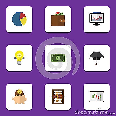 Flat Icon Gain Set Of Greenback, Bubl, Graph And Other Vector Objects. Also Includes Box, Calculator, Bulb Elements. Vector Illustration
