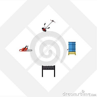 Flat Icon Garden Set Of Barbecue, Grass-Cutter, Hacksaw And Other Vector Objects. Also Includes Bbq, Lawn, Brazier Vector Illustration