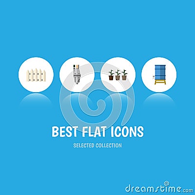 Flat Icon Garden Set Of Container, Flowerpot, Pump And Other Vector Objects. Also Includes Flowerpot, Fence, Wooden Vector Illustration