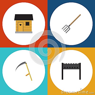 Flat Icon Garden Set Of Cutter, Hay Fork, Stabling And Other Vector Objects. Also Includes Stabling, Scythe, Farmhouse Vector Illustration