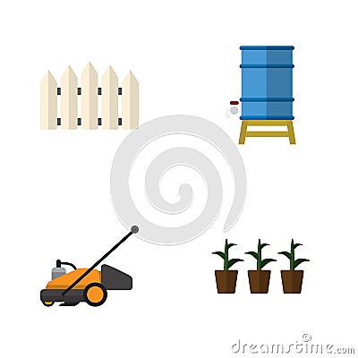 Flat Icon Garden Set Of Flowerpot, Wooden Barrier, Lawn Mower And Other Vector Objects. Also Includes Mower, Barrier Vector Illustration