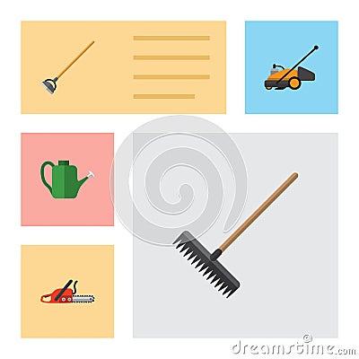 Flat Icon Garden Set Of Harrow, Hacksaw, Bailer And Other Vector Objects. Also Includes Saw, Hoe, Watering Elements. Vector Illustration