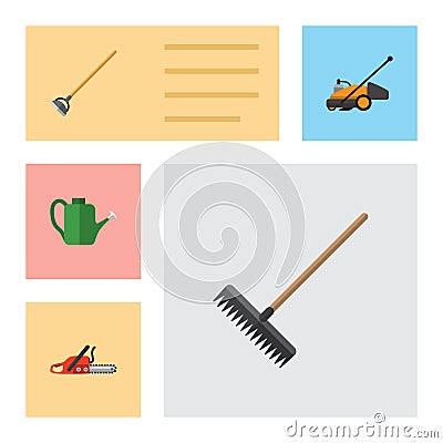 Flat Icon Garden Set Of Harrow, Hacksaw, Bailer And Other Vector Objects. Also Includes Saw, Hoe, Watering Elements. Vector Illustration