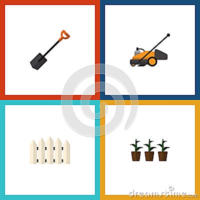 Flat Icon Garden Set Of Lawn Mower, Wooden Barrier, Flowerpot And Other Vector Objects. Also Includes Fence, Cutter Vector Illustration