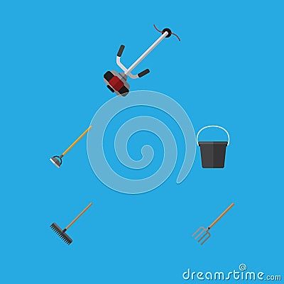 Flat Icon Garden Set Of Pail, Harrow, Hay Fork And Other Vector Objects. Also Includes Tool, Cutter, Pail Elements. Vector Illustration