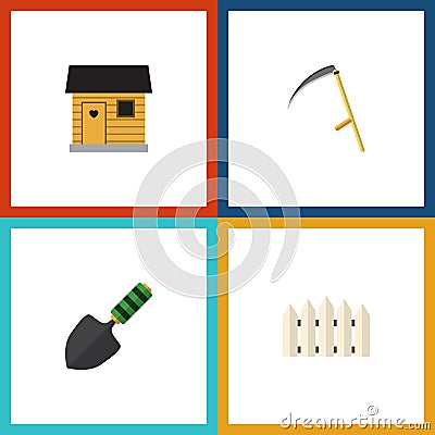 Flat Icon Garden Set Of Stabling, Cutter, Wooden Barrier And Other Vector Objects. Also Includes Barn, Scythe, Cutter Vector Illustration