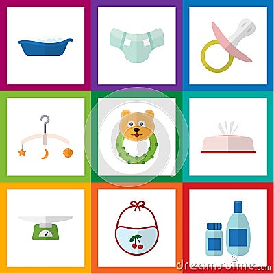 Flat Icon Kid Set Of Bathtub, Rattle, Children Scales And Other Vector Objects. Also Includes Cosmetics, Rattle, Bathtub Vector Illustration
