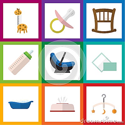 Flat Icon Kid Set Of Feeder, Tissue, Pram And Other Vector Objects. Also Includes Bottle, Cradle, Mobile Elements. Vector Illustration