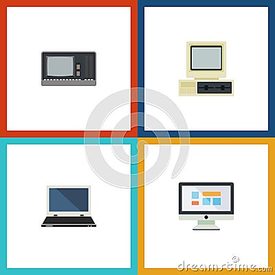 Flat Icon Laptop Set Of Notebook, Computer, Vintage Hardware And Other Vector Objects. Also Includes Display, Computer Vector Illustration