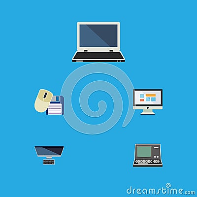 Flat Icon Laptop Set Of Notebook, PC, Computer Mouse And Other Vector Objects. Also Includes Screen, Mouse, Laptop Vector Illustration