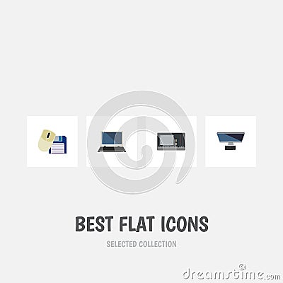 Flat Icon Laptop Set Of PC, Computer Mouse, Vintage Hardware And Other Vector Objects. Also Includes Notebook, Vintage Vector Illustration