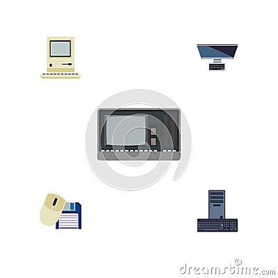 Flat Icon Laptop Set Of Vintage Hardware, Computing, Computer Mouse And Other Vector Objects. Also Includes Keyboard Vector Illustration