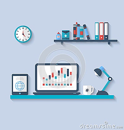 Flat icon of modern office interior with designer desktop Vector Illustration